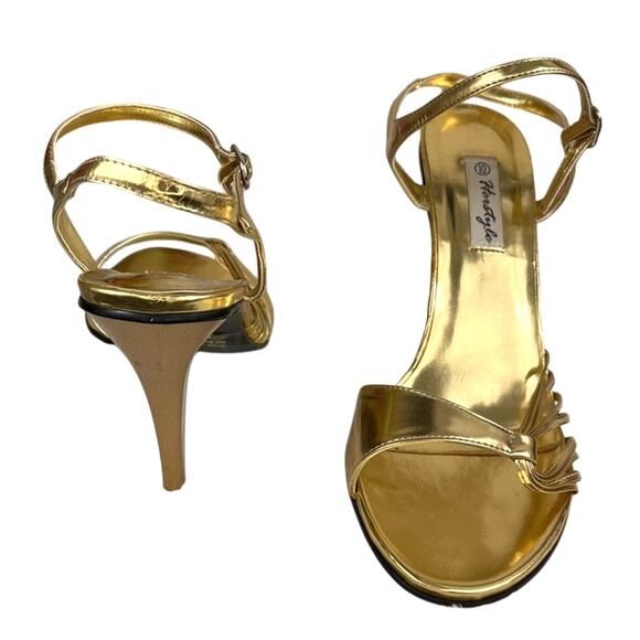 HERSTYLE Gold Metallic Stappy Faux Leather Caressa High Heel Y2K Sandals Sz 10 - Picture 1 of 14